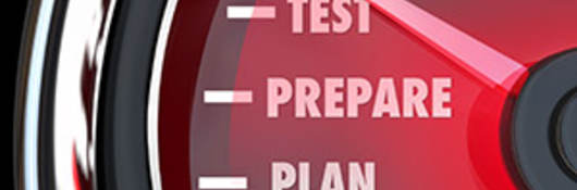 launch word on a red speedometer with needle racing past idea, plan, prepare and test.