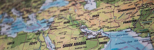 View of a world map, focus on the Middle East