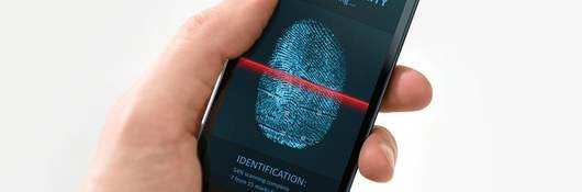 22411095 - hand holding modern mobile phone showing a process of scanning fingerprint on a screen isolated on white background