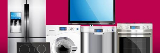 kitchen and house appliances: microwave, washing machine, refrigerator, gas stove, dishwasher, tv.