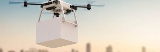 3d rendering delivery drone flying with cityscape background, Hovering drone that takes pictures of city sights