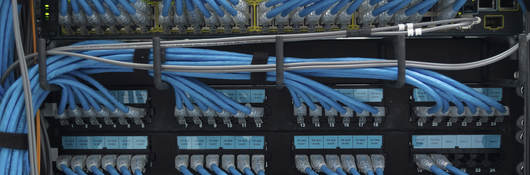 A close-up image of blue ethernet cable plugged into a data center. 