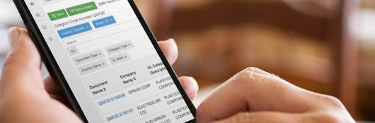 Product iQ site being viewed by someone holding a smartphone in her hand