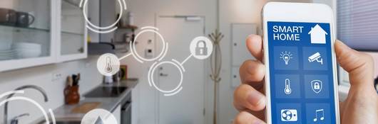 Cybersecurity graphics overlaid on a kitchen setting to denote a smart home.