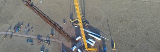 Aerial view of the construction of the Goldwind wind turbine in West Texas