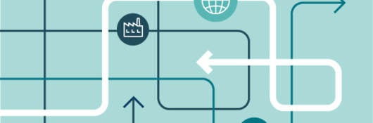 Illustration with globe, factory connected by lines and arrows