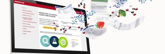 Prospector homepage graphics with molecules, ingredients and datasheets flying out.