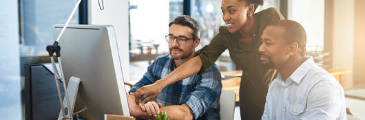 Two men and a woman looking at a computer screen discussing sustainable building products