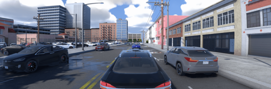 Graphic of autonomous vehicles running scenarios on AV software.