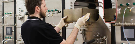 Man conducting Prop 65 chemical emissions testing 
