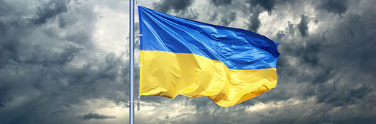 Ukraine flag against stormy sky