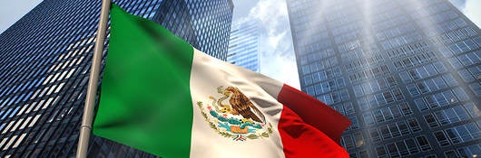 Mexico flag in front of tall sky scrapers