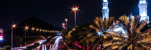 Street lights bordering busy street at night with palm trees