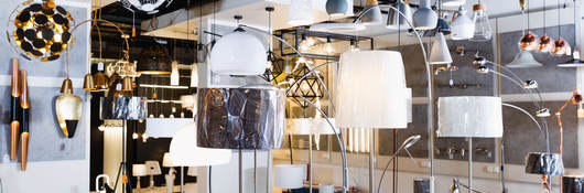 Lamp with lights in the designer furniture store 