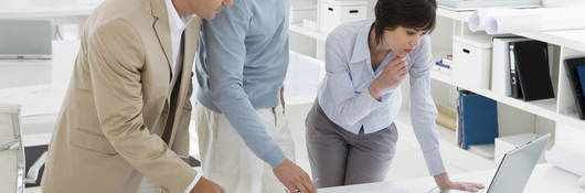 Work teammates looking at a laptop
