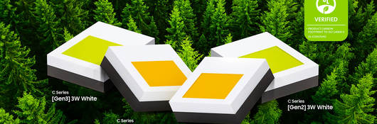 Samsung product squares atop green pine trees