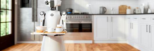 Serving robot holding tray in a kitchen.