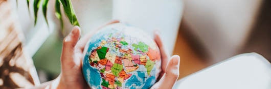 Person holding a small globe in their hands