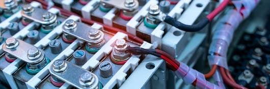 Closeup of lithium ion industrial high current batteries. 