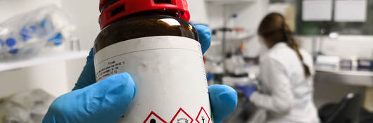 A hand holding a bottle with hazardous chemical labels