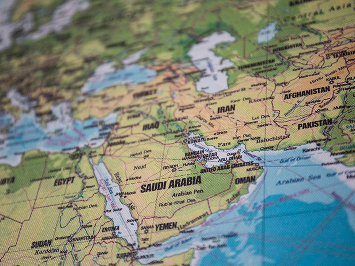 View of a world map, focus on the Middle East