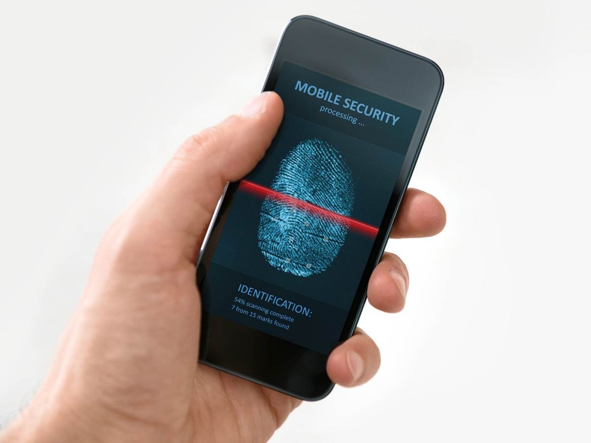22411095 - hand holding modern mobile phone showing a process of scanning fingerprint on a screen isolated on white background