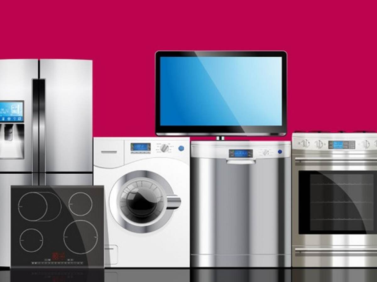 kitchen and house appliances: microwave, washing machine, refrigerator, gas stove, dishwasher, tv.