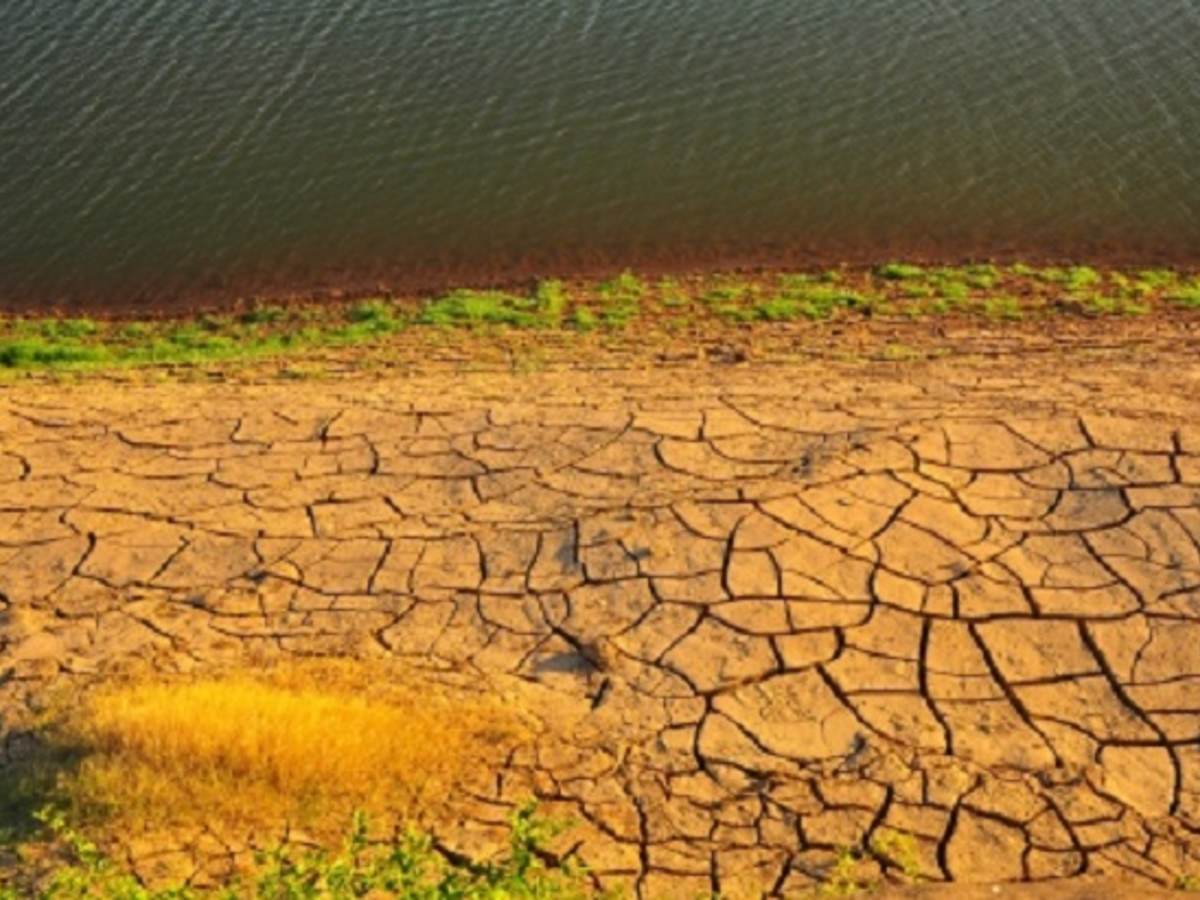 dried out landscape with receding water line.
