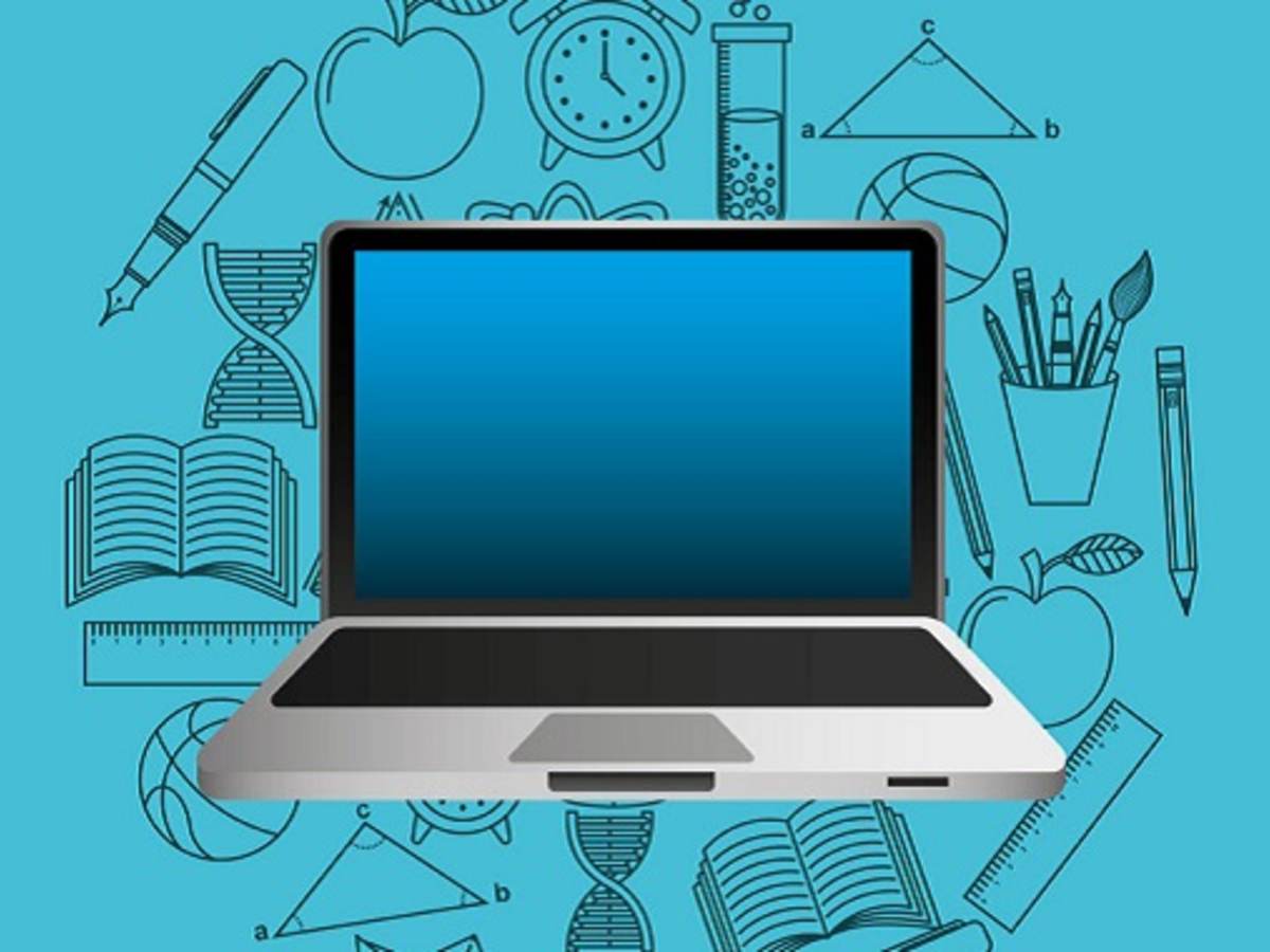 laptop computer surrounded by educational icons, like an apple, a ruler, a beaker and so forth