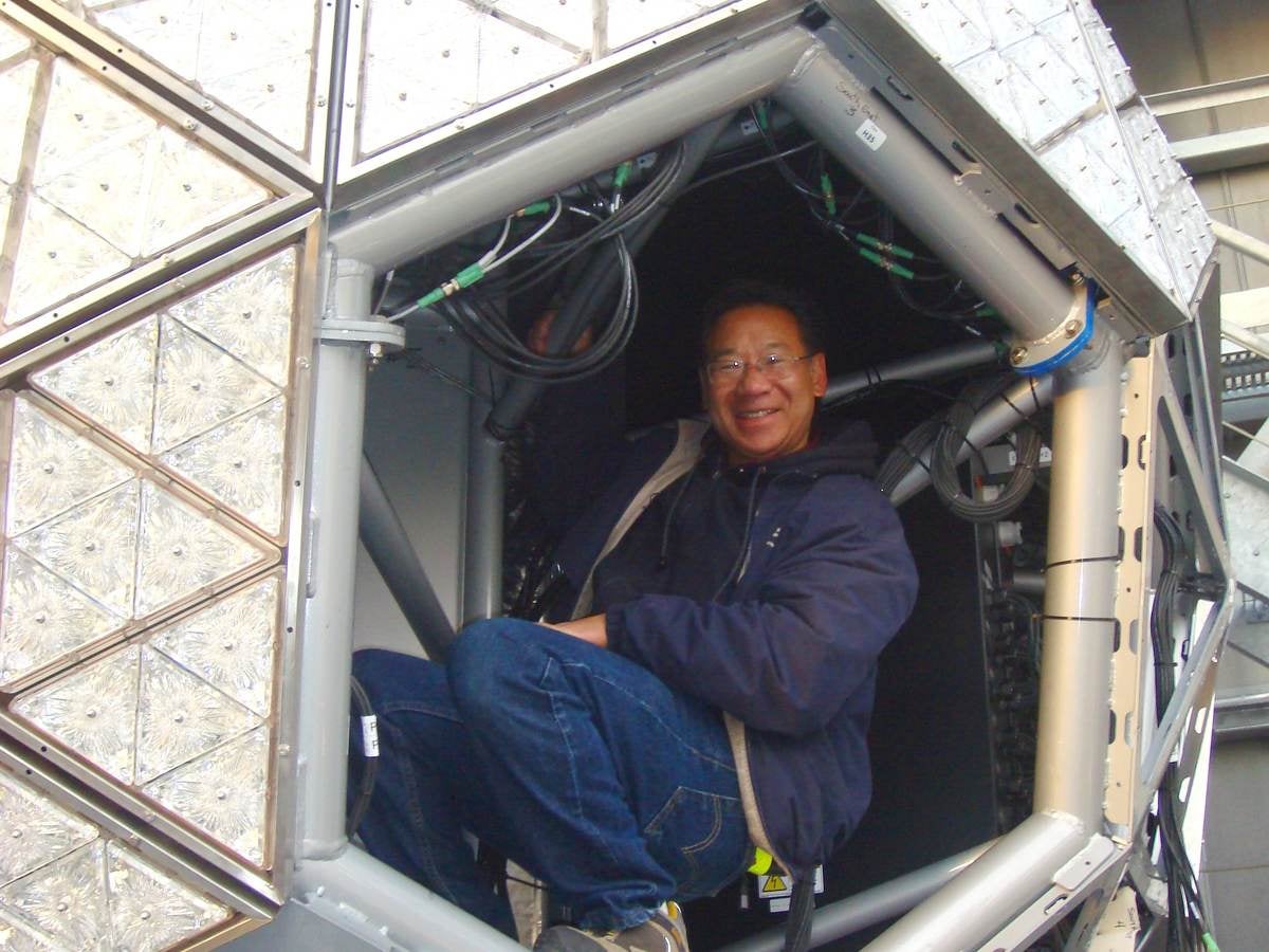 Jimmy Wong having fun by climbing inside the Times Square Ball while its construction was nearing completion