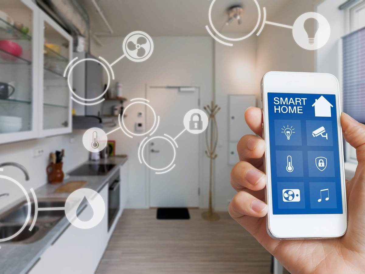 Cybersecurity graphics overlaid on a kitchen setting to denote a smart home.