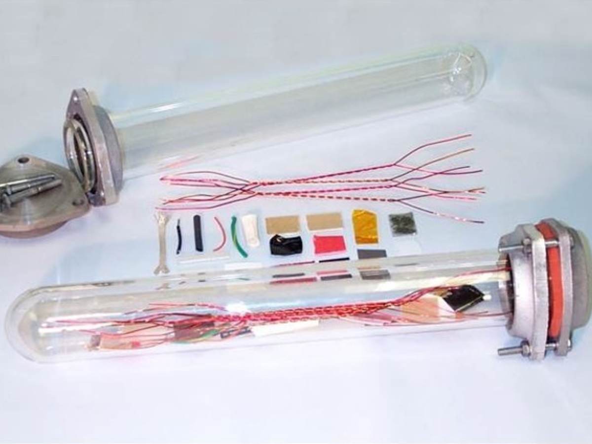 Electrical components in a sealed tube that will be used for testing.   