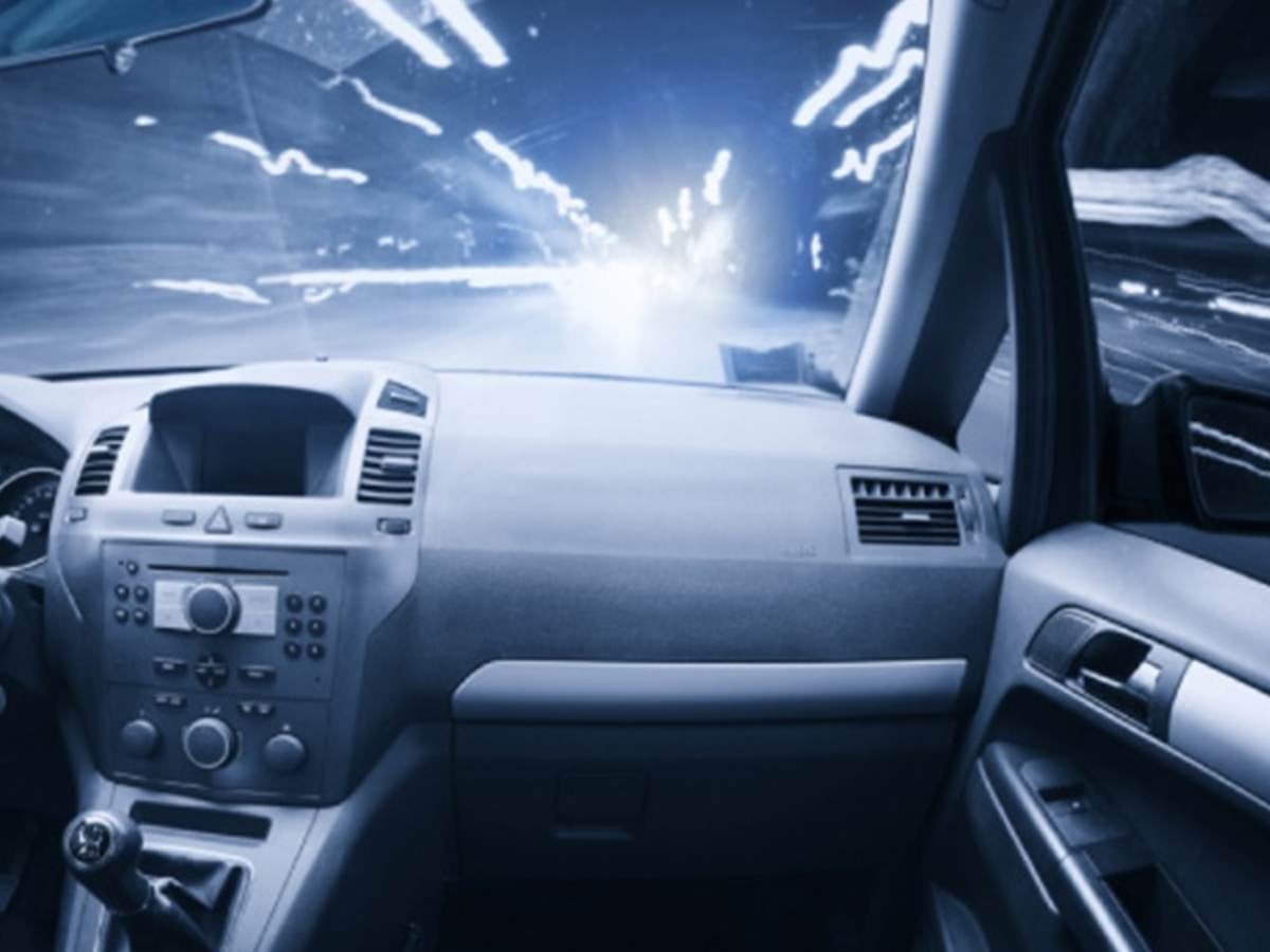 The passenger view of someone riding in a car