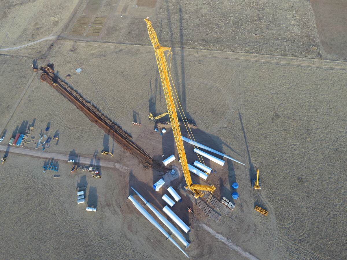 Aerial view of the construction of the Goldwind wind turbine in West Texas