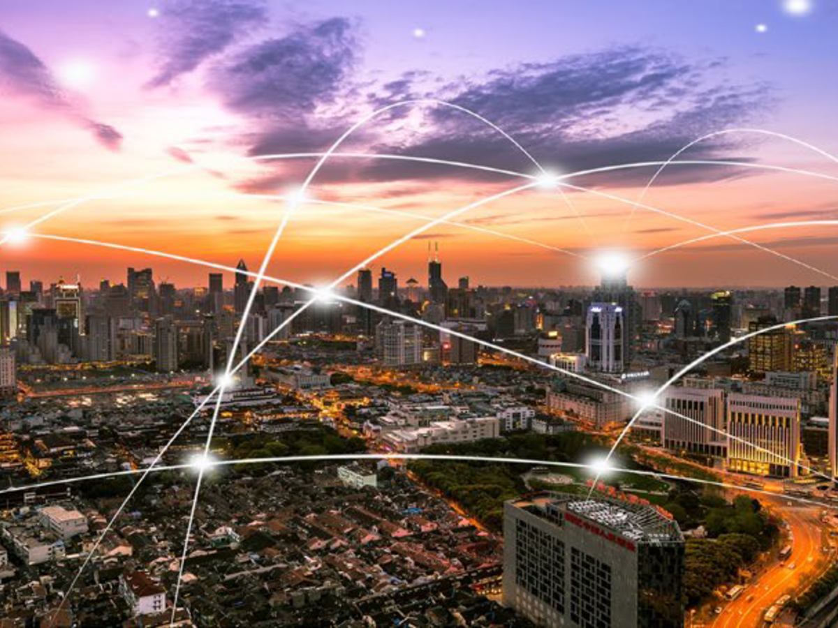 City skyline with illustration of connecting lines
