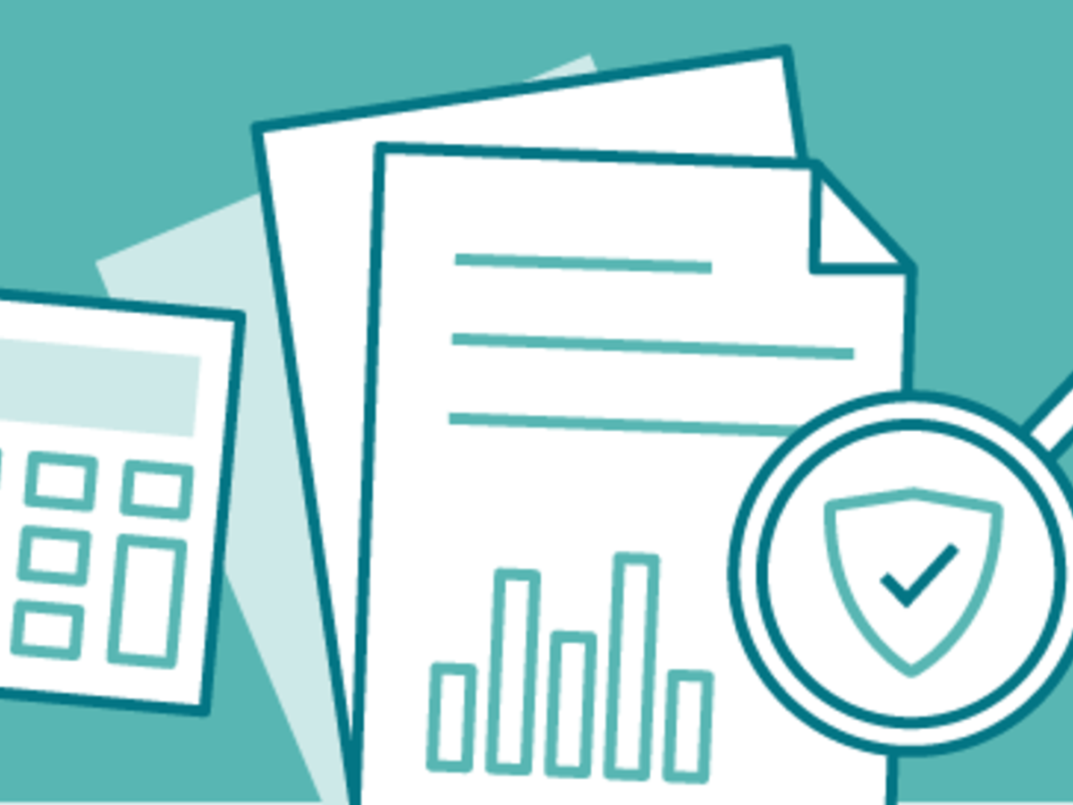 Teal illustrations with calculator, papers and magnifying glass
