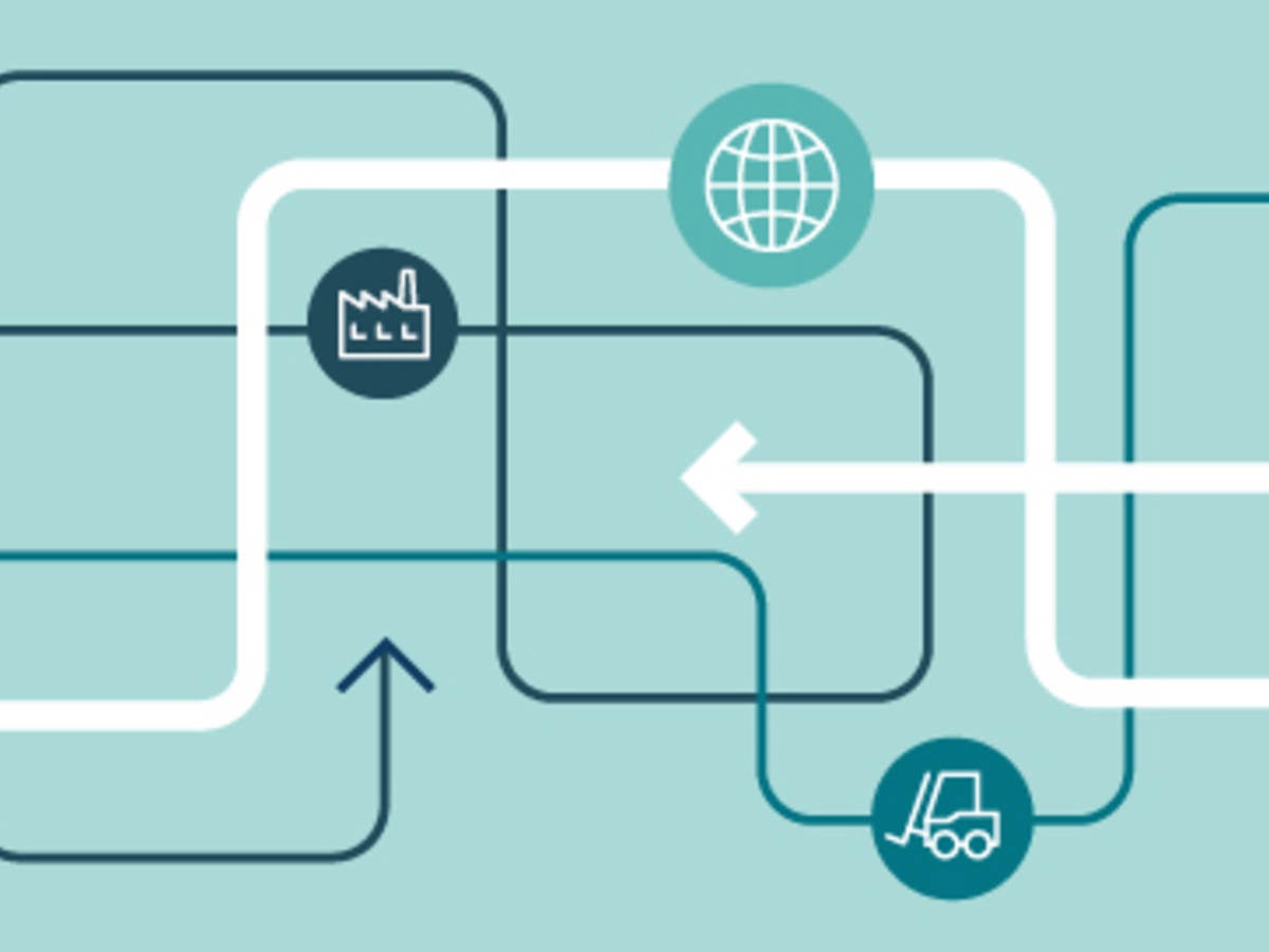 Illustration with globe, factory connected by lines and arrows
