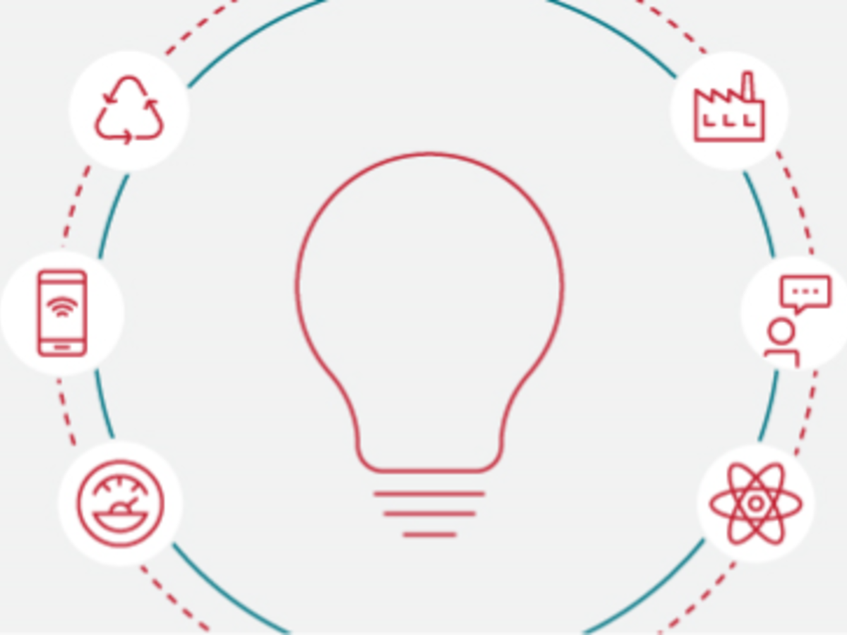Illustration of lightbulb with 6 icons around it
