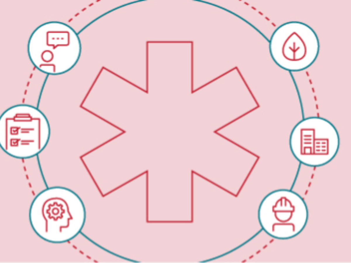 Illustration with symbol in middle with 6 icons around it