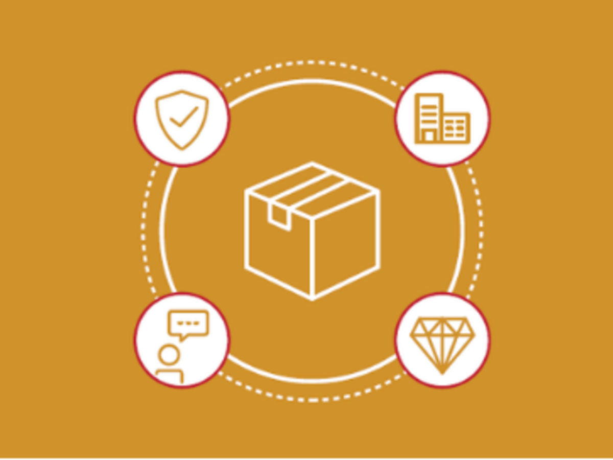 Illustration yellow - package within circle with 4 icons around it