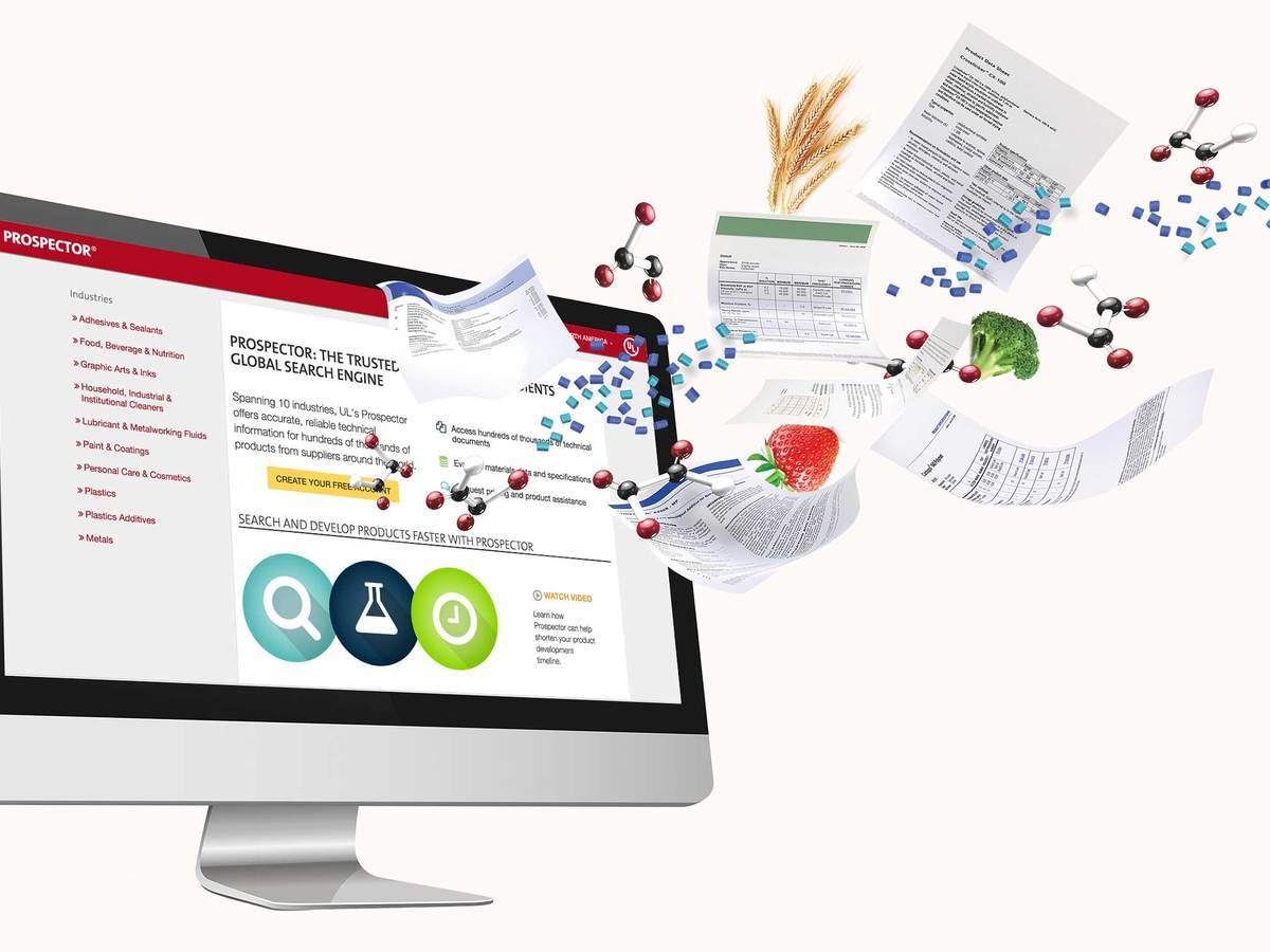Prospector homepage graphics with molecules, ingredients and datasheets flying out.