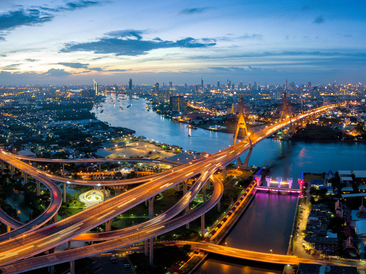 Aerial view of Bhumibol suspension bridge cross over Chao Phraya River in Bangkok city.