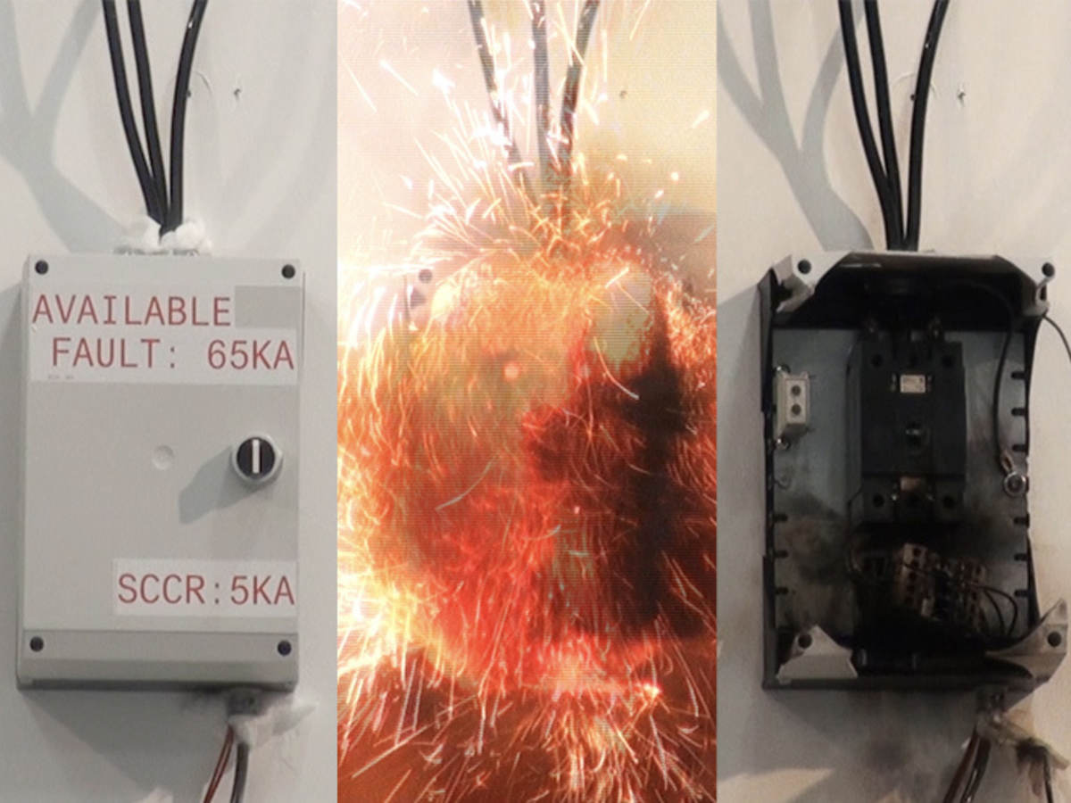 Series of three images showing an Industrial control panel box and what happens if the SCCR rating is incorrect.