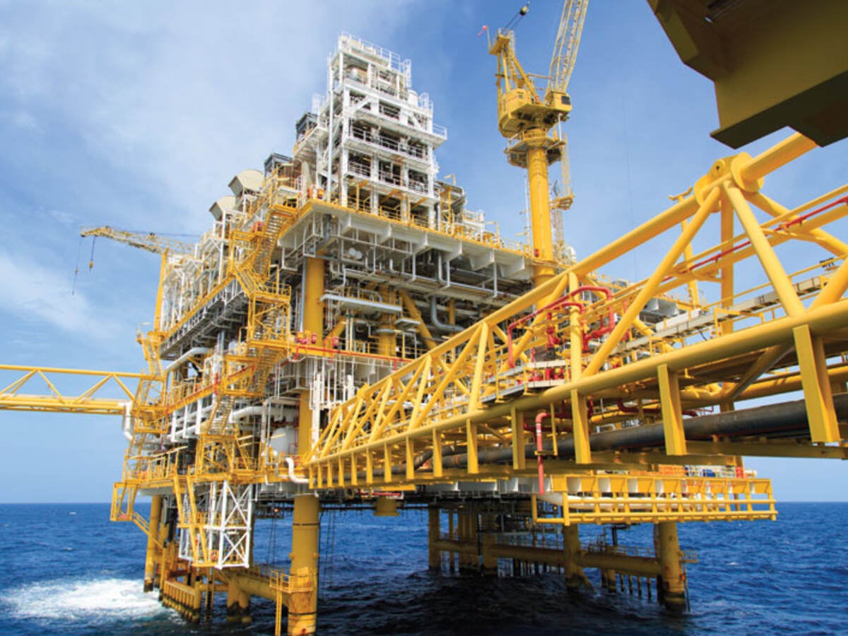 Yellow oil platform on the water
