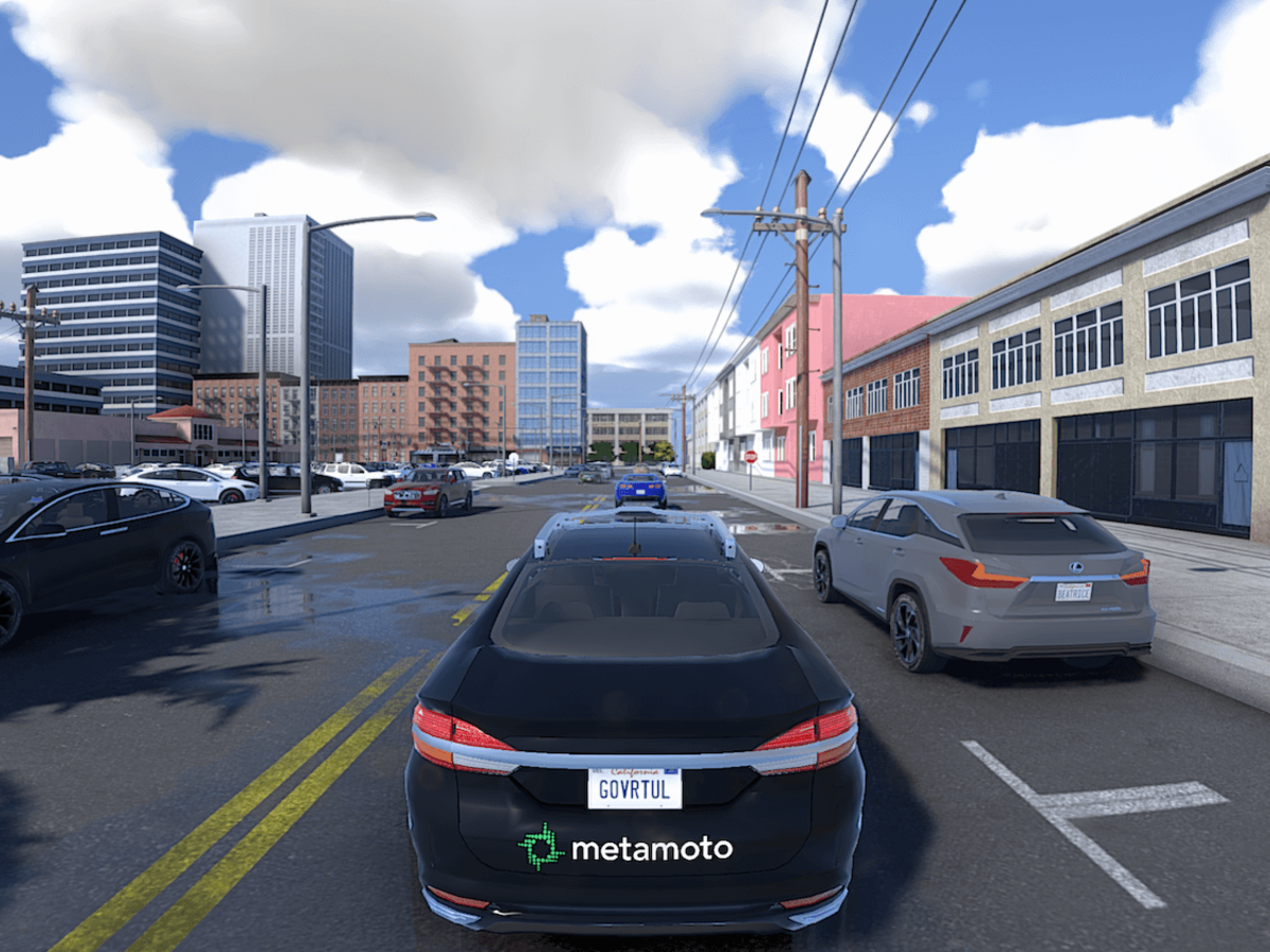 Graphic of autonomous vehicles running scenarios on AV software.