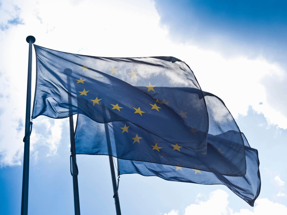European Union Flags Against Blue Sky