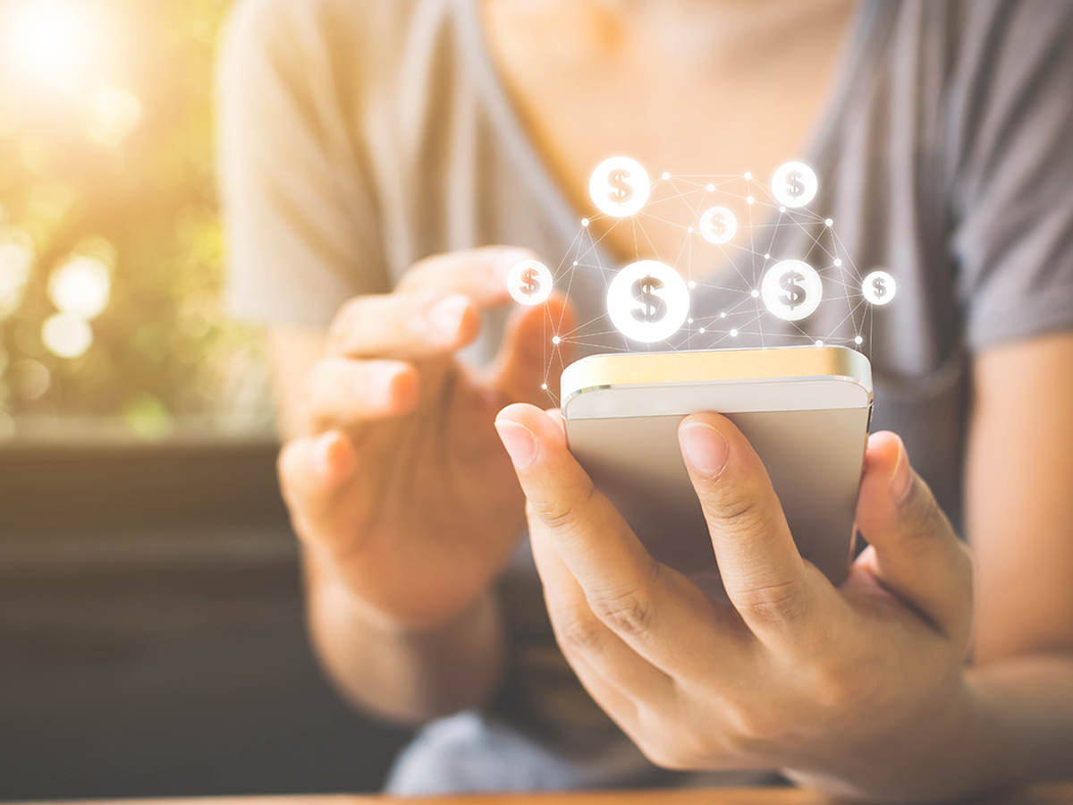 Woman using mobile banking application