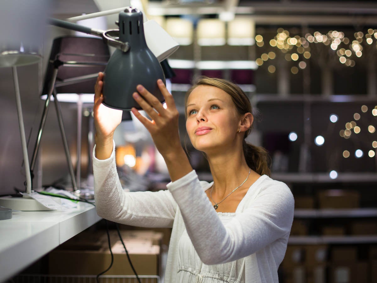Women looking at desk lamps in a store