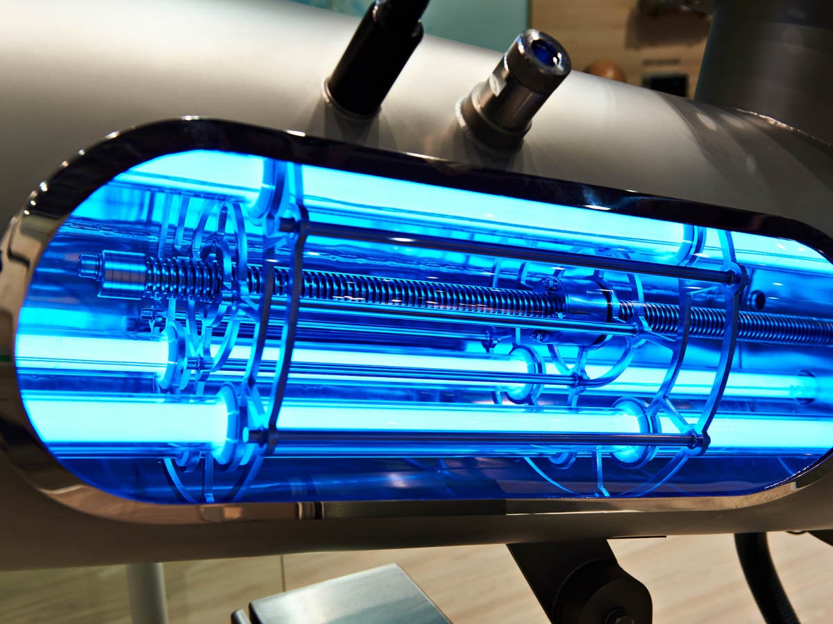 Closeup of a UVC light sterilization lamp