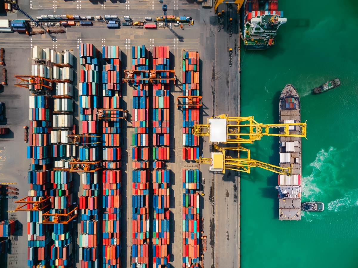 Aerial view of shipping containers on a transport dock